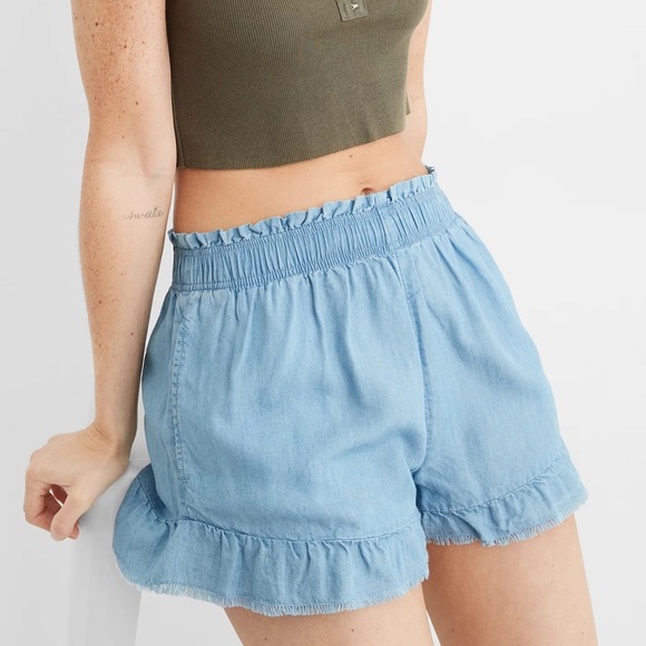 Aerie High Waisted Ruffle Light Blue Denim Women's Shorts size S - Picture 1 of 8